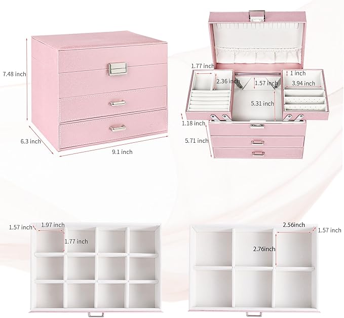 Dajasan Jewelry Boxes for Women Girls, Jewelry Storage Organizer, 4 Layers Large Jewelry Organizer Box with 2 Drawers for Fri