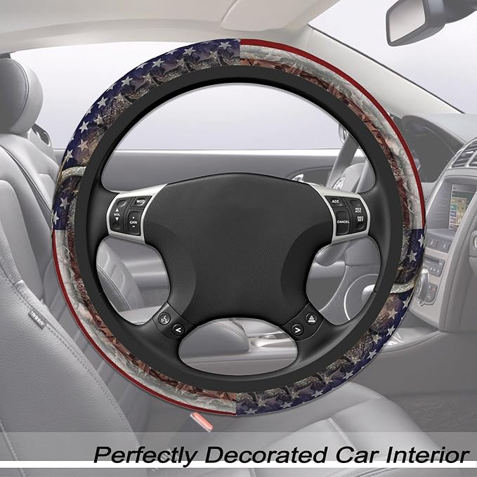 Camouflage Deer American Flag Steering Wheel Cover for Men, Anti-Slip Elastic Breathable Soft Rubber Car Steering Wheel Prote