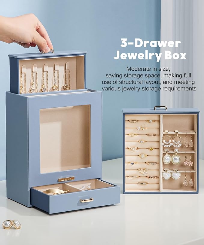 Homde Jewelry Organizer Girls Women Jewelry Box for Necklaces Rings Earrings Gift Bracelets Storage Case (Grey Blue + Gold)