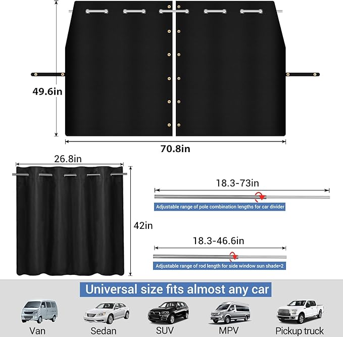 XCBYT Car Privacy Divider Curtains (3-Pack), Rigid Rod-Mounted Total Blackout Set - No Sag, No Strings - Rear Seat Divider & Side Window Shades for Car Camping, Baby Naps