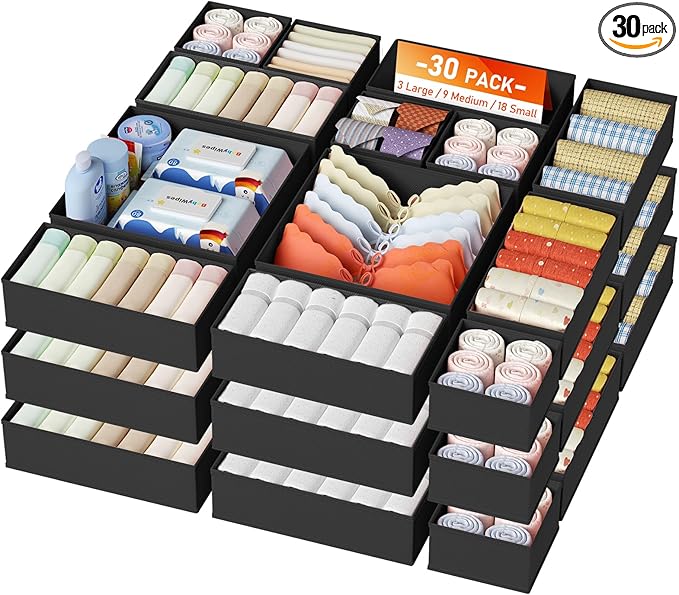 DIMJ Drawer Organizer Clothes, 30 Pack Dresser Organizer, Foldable Closet Organizers and Storage, Fabric Dresser Bins, Drawer