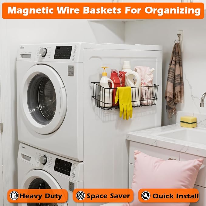 MUTUACTOR Heavy Duty Metal Wire Baskets,Magnetic Mount Hanging Wall Basket Storage,Extra Large Magnet Metal Wall Basket For O