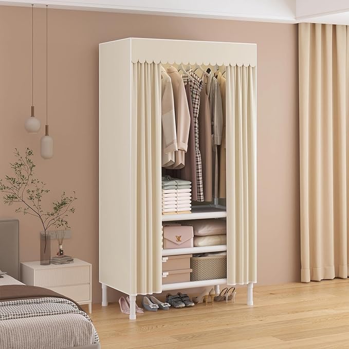 Portable Closet,Garment Rack,Heavy Duty Clothes Rack with Cover,Wardrobe Closet with 1 Hanging Rods, 2 Storage Shelves,27.5" 