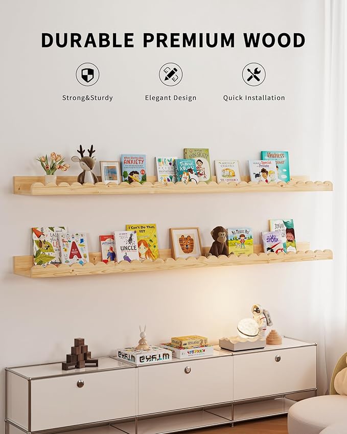 Shario Nursery Book Shelves, 4-Pack White Floating Shelves for Wall Kids, Scalloped Shelves, Wall Book Shelves for Bedroom Ki