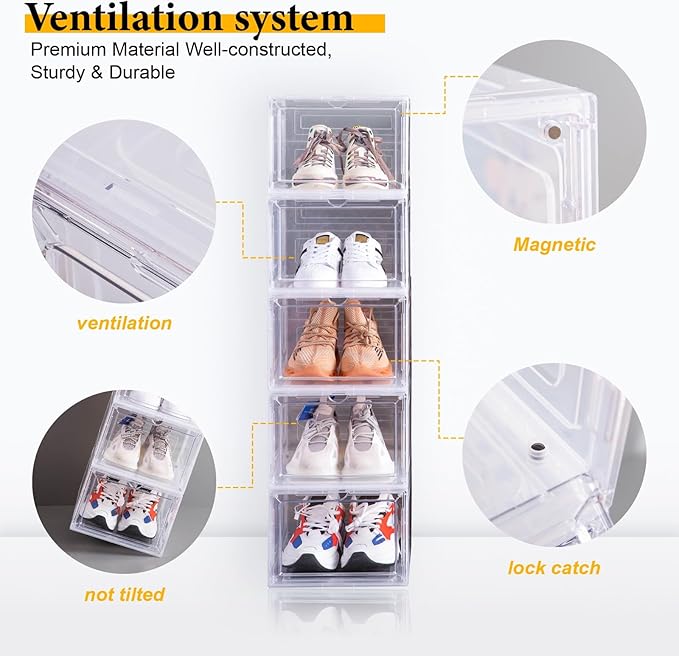 Attelite Shoe Box,Set of 6,Stackable Plastic Clear Shoe Box Organizer with Magnetic Door,Shoe Storage Box Thicken Sturdy,Easy