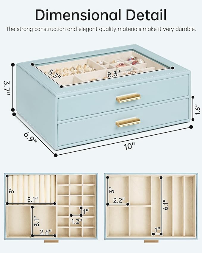 AKOZLIN Jewelry Box with Clear Lid Functional Leather Jewelry Storage Organizer Case 2 Drawers for Women Girls Necklace Ring 