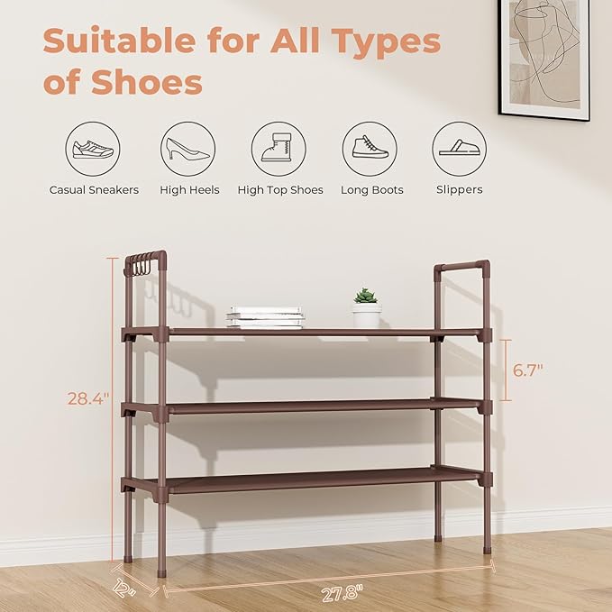 LANTEFUL 3 Tier Shoe Rack for Closet Shoe Organizer with 5 Hooks, Long Shoe Shelf Storage for Shoe and Boot Stackable Free St