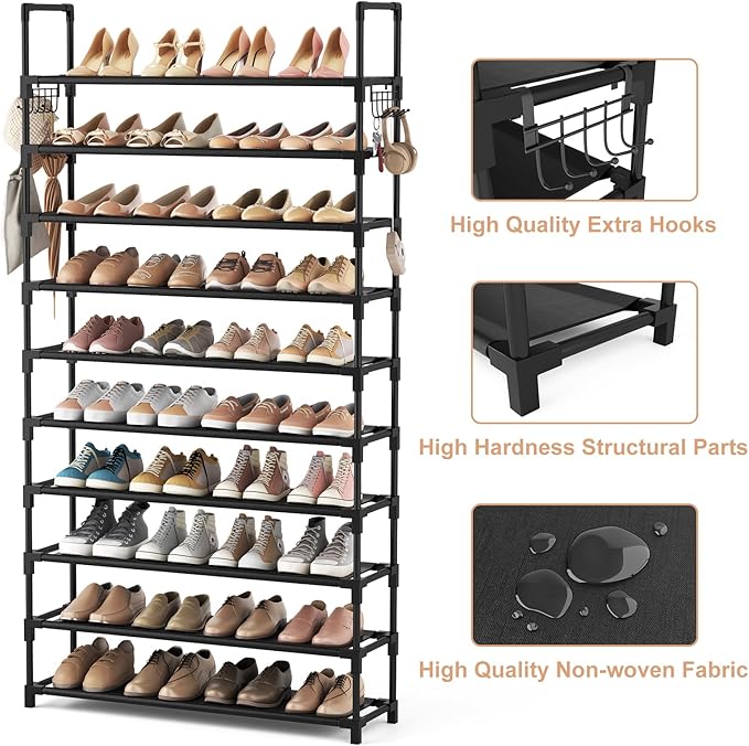 VTRIN 10 Tier Shoe Rack Tall Large Capacity Wide Shoe Organizer with Two Hooks Sturdy Metal Shoe Shelf for Entryway, Closet, 
