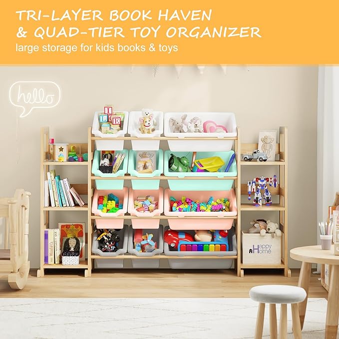 EXPERLAM Extra Large Toy Storage - Toy Storage Organizer, Wooden Toy Organizer with 6 Side Shelves and 12 Bins, 3-in-1 Booksh