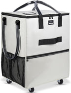 Reusable Grocery Bag On Wheels, 70L Foldable Rolling Tote with 6 Pockets & 3-Way Carry, Heavy Duty Handles, Zippered Top for Groceries, Laundry, Storage, Medium, Beige