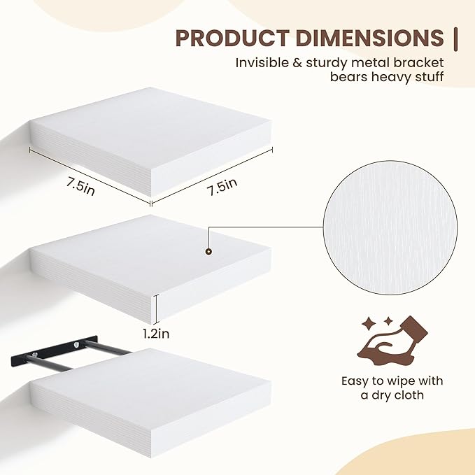 Fun Memories Floating Shelves for Wall - 7.5 Inch Square Shelves with Invisible Brackets, Small Wall Shelf for Living Room, B