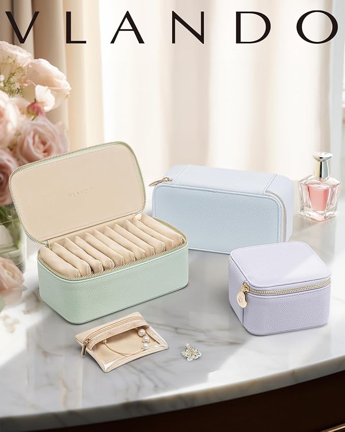 Vlando Jewelry Travel Case,Travel Jewelry Organizer with Clear Velvet Jewelry Bags 6Pcs Zipper Pouch for Women Gift for Her-P