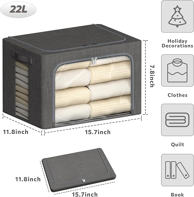 4 Pack Clothes Storage Bins with Metal Frame - 22L Stackable Storage Box with Lid，Foldable Storage Container Organizer for Cl