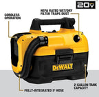 DEWALT 20V MAX Cordless Shop Vac, Wet Dry Vacuum Cleaner, Portable 2 Gallon Wet Dry Vac, Strong Suction Shop Vacuum with Hepa