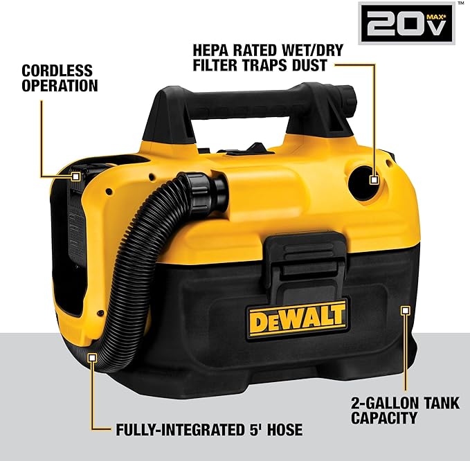 DEWALT 20V MAX Cordless Shop Vac, Wet Dry Vacuum Cleaner, Portable 2 Gallon Wet Dry Vac, Strong Suction Shop Vacuum with Hepa