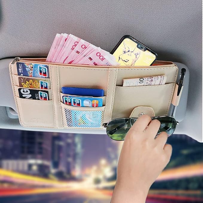 Car Sun Visor Organizer Auto Car Visor Pocket and Interior Accessories Car Storage Organizer with Multi-Pocket Net Zippers (Style 1-Beige)