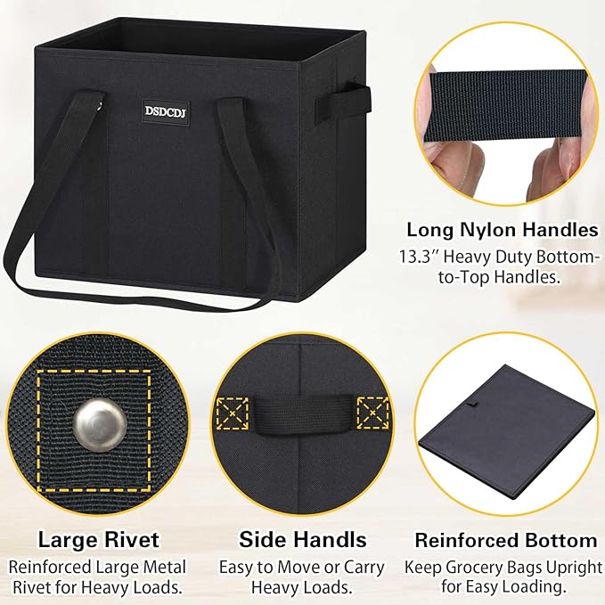 Reusable Grocery Bags 3 Pack - Heavy Duty Reusable Shopping Bags with Hard Bottom & Long Handles, Stand Up Grocery Boxes Reusable Foldable, 13x10.23x11in, Black