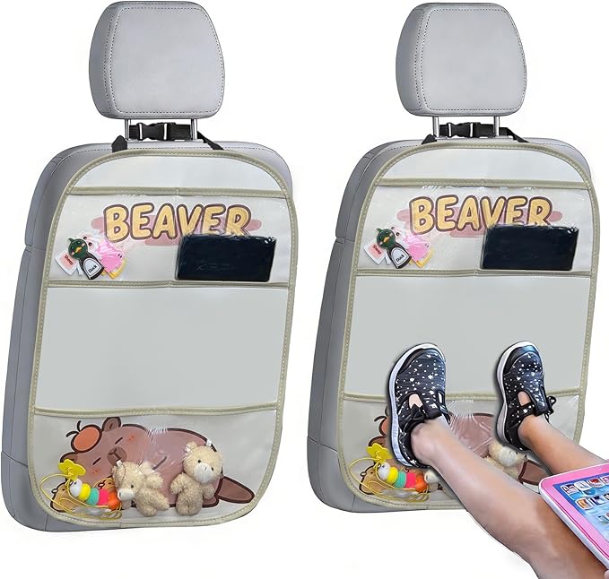 kids Leather Car Backseat Organizer with Foldable Table Tray, Car Storage Organizer with Tablet Holder, Car Seat Back Protectors Kick Mats, Travel Accessories (Capybara)