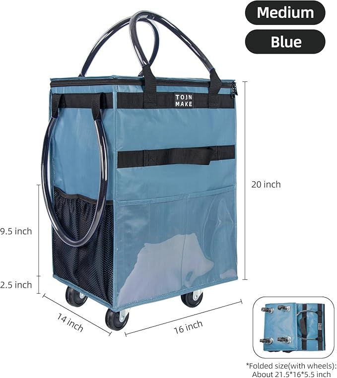 Reusable Grocery Bag On Wheels, Shopping Trolley, Rolling Tote with 8 Pockets and Zipper Cover, Foldable, Heavy Duty Handles, Carries Up to 46 LBS (Medium, Blue)