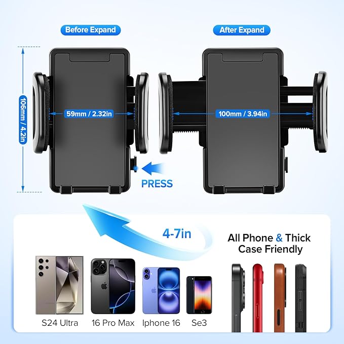 Car Cup Holder Phone Holder, Universal Adjustable Cell Phone Cup Holder Expander for Car, Fits All 4.0-7.0 Inches Smartphones, Most Bottles 20-40 oz, Black