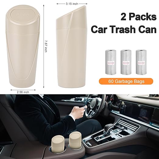 Car Trash Can, 2 Packs Mini Car Trash Bin with Lid, Leakproof Cup Holder Car Garbage Can with 60 Trash Bags, Vehicle Front Back Seat Organizers and Storage for Car, Home, Office, Beige