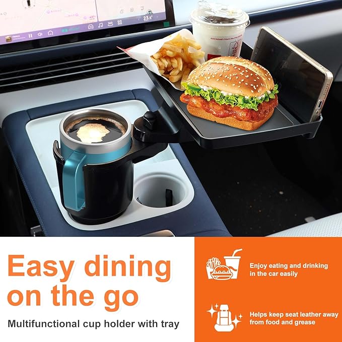 Car Large Cup Holder Expander, 3-in-1 Cupholder Extender with Swivel and Detachable Snack Food Tray Table for Eating, Travel 