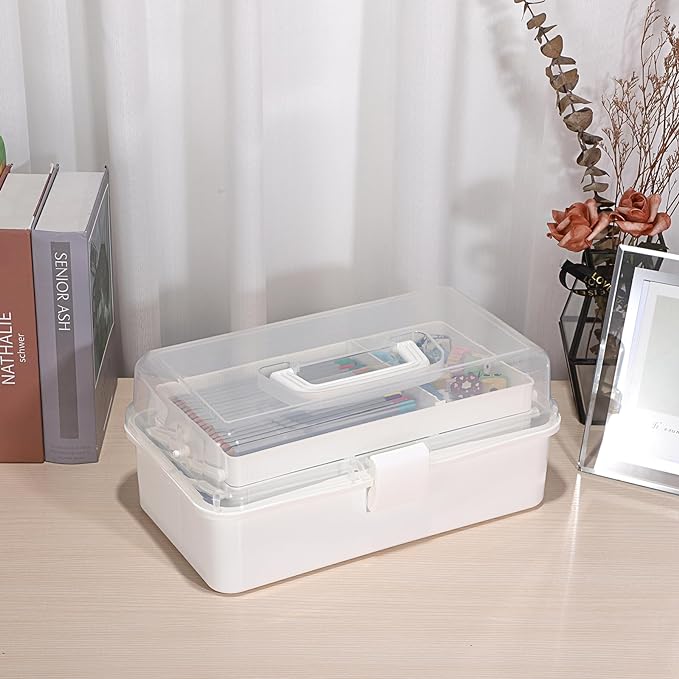 BTSKY 3-Layer Plastic Dividing Storage Box Craft Organizer with Adjustable Spacers Portable Handled Art Supply Organizer Mult