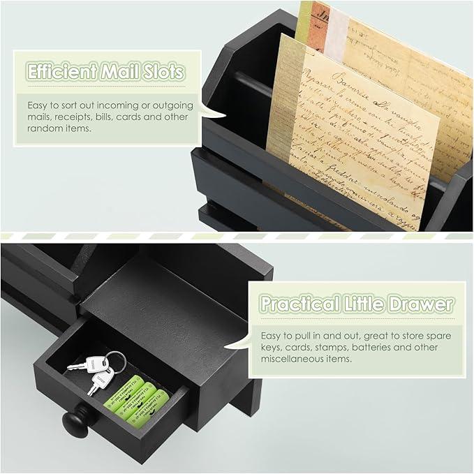 VIS'V Key Holder Wall Mount, Wooden Mail and Key Organizer with Drawer and Shelf, 2 Slots, 6 Hooks, Black