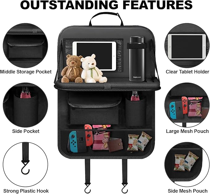 Car Backseat Organizer: Back Seat Storage Organizer for Kids with Tablet Holder, Heavy Duty Back Seat Protector with Foldable Table Tray, Kick Mats w/Pockets, Road Trip Essentials, 2 Count