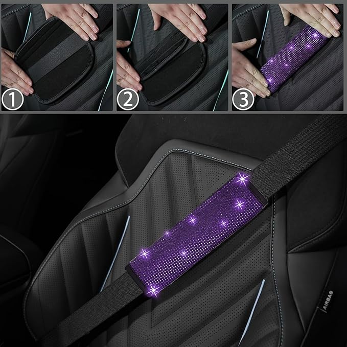 NBTEPEM 30 Pcs Purple Bling Car Accessories Set for Women, Purple Steering Wheel Cover Set, Bling Console Cover, Seat Belt Cushion, Shift Knob Cushion, Cup Coaster, Rhinestone Car Hanging Accessories
