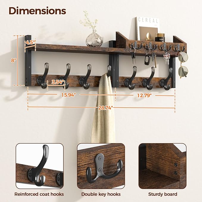 Evermagin 29" Coat Rack Wall Mount with Shelf, 4 in 1 Coat and Key Hanger with 11 Metal Hooks, Entryway Wall Mounted Shelf wi