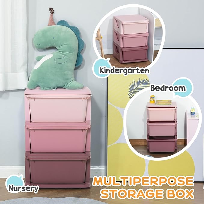 Qaba 3 Tier Kids Storage Unit, 3 Drawer Chest Toy Organizer Plastic Bins for Kids Bedroom Nursery Kindergarten Living Room fo