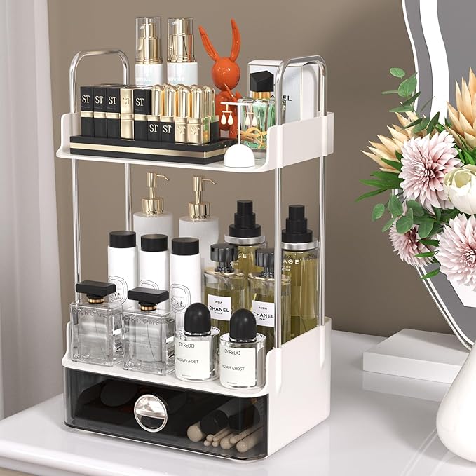 Bathroom Counter Organizer, 2 Tiered Organizer Countertop with Drawer, Makeup and Skincare Storage for Vanity, Desktop, Bathr