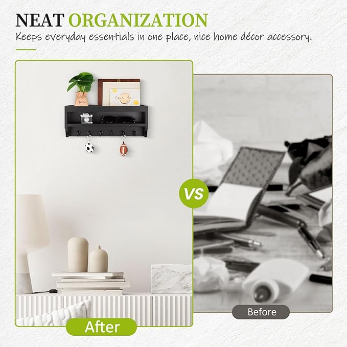 Nekon Key Holder Wall Mount, 12.8" W x 5.6" H x 3.7" D Wall Mounted Key and Mail Organizer with 6 Key Hooks, Key Racks for Ho