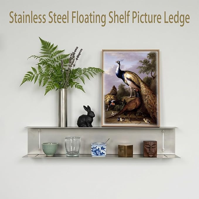 Stainless Steel Floating Shelf Picture Ledge, 23.6 Inch Wall Mounted Display Shelf with Back Guard, Heavy Duty Bathroom & Kit