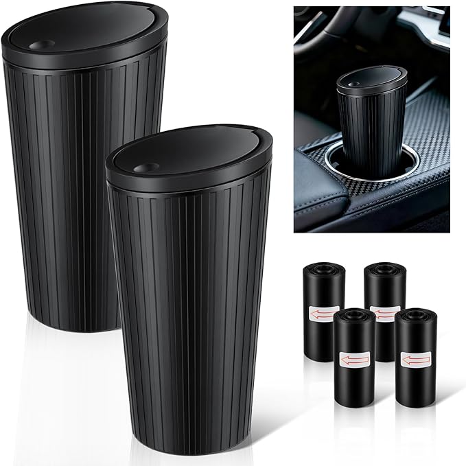 SINGARO 2PCS Car Trash Can with Lid, Leakproof Mini Garbage Bin for Car Cup Holder, Small Trash Can for Vehicle, Home & Office - Includes 60 Bags, Easy Clean (Black)