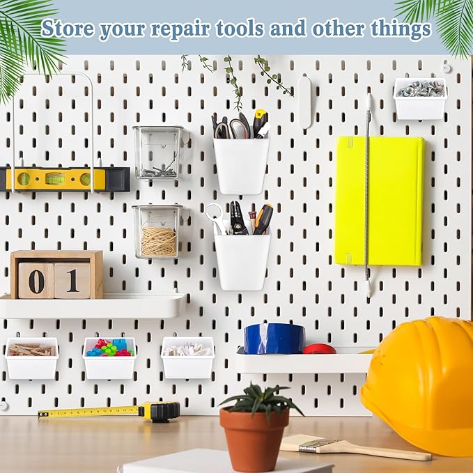 Jinei 12 Pcs Pegboard Bins and Cups with Hooks and Loops Peg Assortment Organizer Accessories Various Tool Organizer Pegboard
