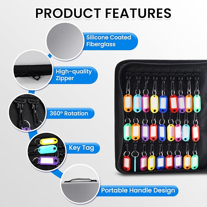 Zippered Case, Portable Organizer With Handle, Waterproof & Fireproof Binder With 54 Hooks and Tags, Key Box for Estate Sales