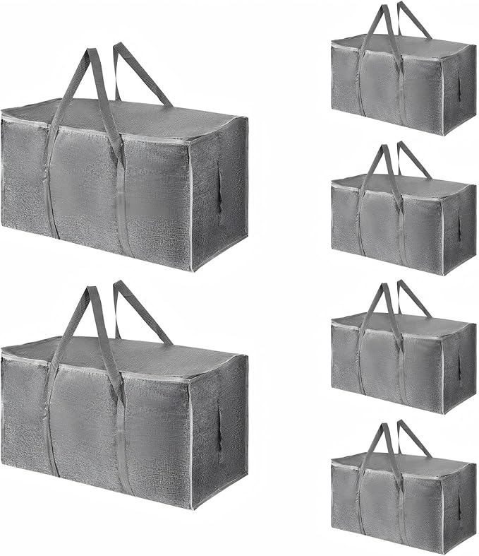 6 Pack-Extra Large Heavy Duty Moving Bags - Waterproof Storage Totes with Handles & Zippers, Foldable for College Dorm, Stora