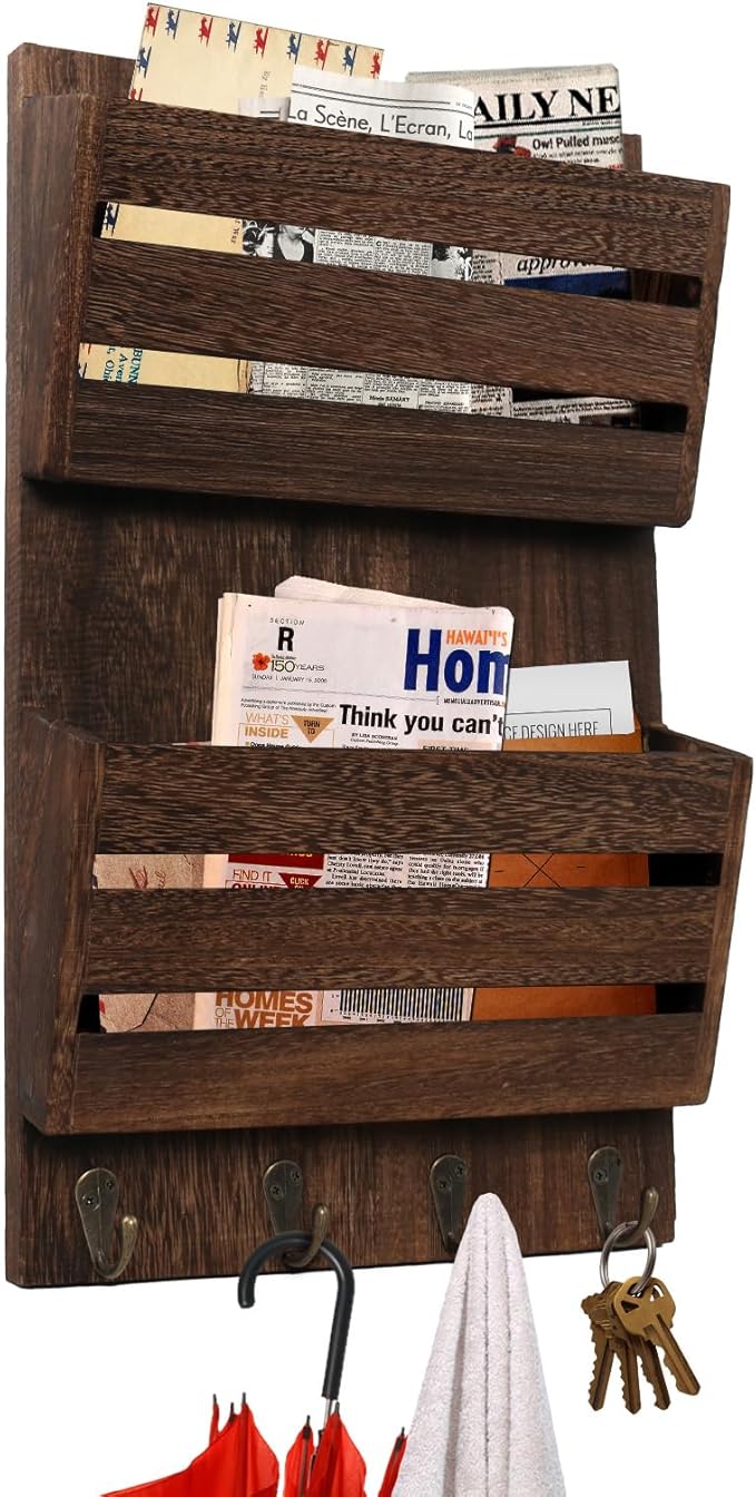 Mail Organizer Wall Mount with 4 Key Hooks, Rustic Wooden Hanging Mail Sorter Farmhouse Key Holder for Wall Decoration, 2-Slo