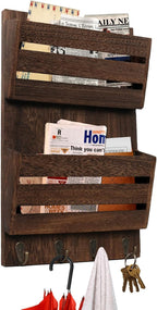 Mail Organizer Wall Mount with 4 Key Hooks, Rustic Wooden Hanging Mail Sorter Farmhouse Key Holder for Wall Decoration, 2-Slo