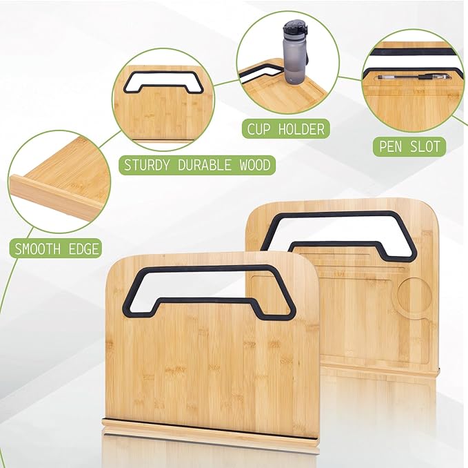 Bamboo Steering Wheel Tray,Double Sided Car Steering Wheel Tray with Silicone Protective Ring, Universal Laptop Desk for Eating,Reading,Writing,Natural Wood Snack & Writing Table
