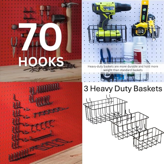 Heavy Duty Black Pegboard Hooks and Baskets for Hanging Tools, 73 Pieces 1/4'' Peg Board Accessories Peg Hooks and Bins, Peg 