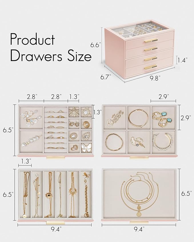 Vlando 4 Layer Jewelry Box for Women, Glass Lid Jewelry Organizer with 4 Drawers for Necklaces Rings Earrings Bracelets - Dar