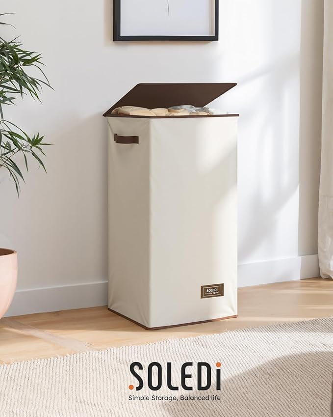 SOLEDI Slim Laundry Hamper with Lid, Narrow Laundry Basket with Removable Bags, Dirty Clothes Hamper with handle, Small Hampe
