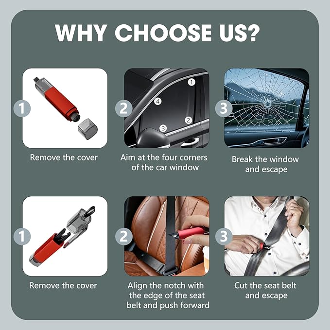 6 PCS Window Breaker Seatbelt Cutter Car Safety Hammer, 2-in-1 Glass Breaker and Seat Belt Cutter with Test Glass, Underwater