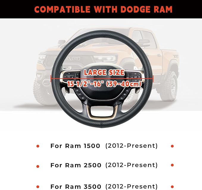 Steering Wheel Cover for Dodge Ram 1500, Ram 2500, Ram 3500, Fit 15.5-16" Wheels (Black-Full Carbon Fiber)