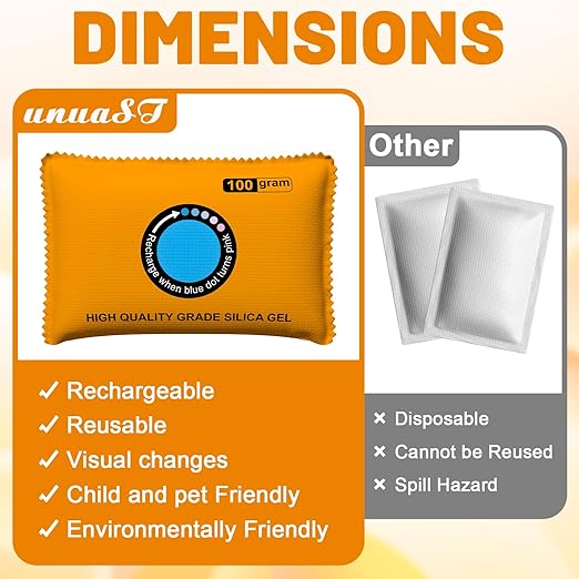 unuaST 100g Rechargeable Desiccant Pack for Storage, Reusable Color-Indicating Silica Gel Desiccant Packet, Dehumidifier Bag