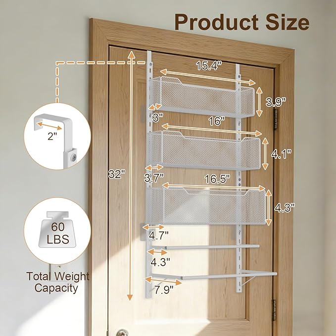 VyGrow Over the Door Storage Organizer with 3 Tier Mesh Baskets 2 Hanging Rods, 2 Mounting Options, Heavy Duty Clothes Hanger