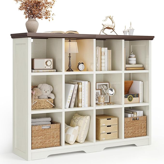 OffiGo 12 Cube Organizer Bookcase, Modern Farmhouse Open Shelf for Storage Bins & Decor, Display Bookshelf Console Closet for